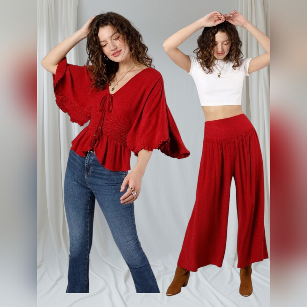 Band of the Free Wine Red Chevron Embossed Boho Blouse and Palazzo Pants Set- M